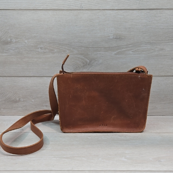ABLE Women Boho Hobo Brown Leather Crossbody Bag - Picture 1 of 10